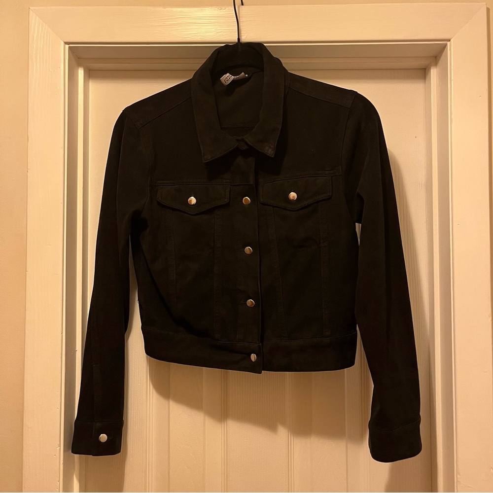 H&M Faux Suede Black Button Up Collared Trucker Jacket Size XS